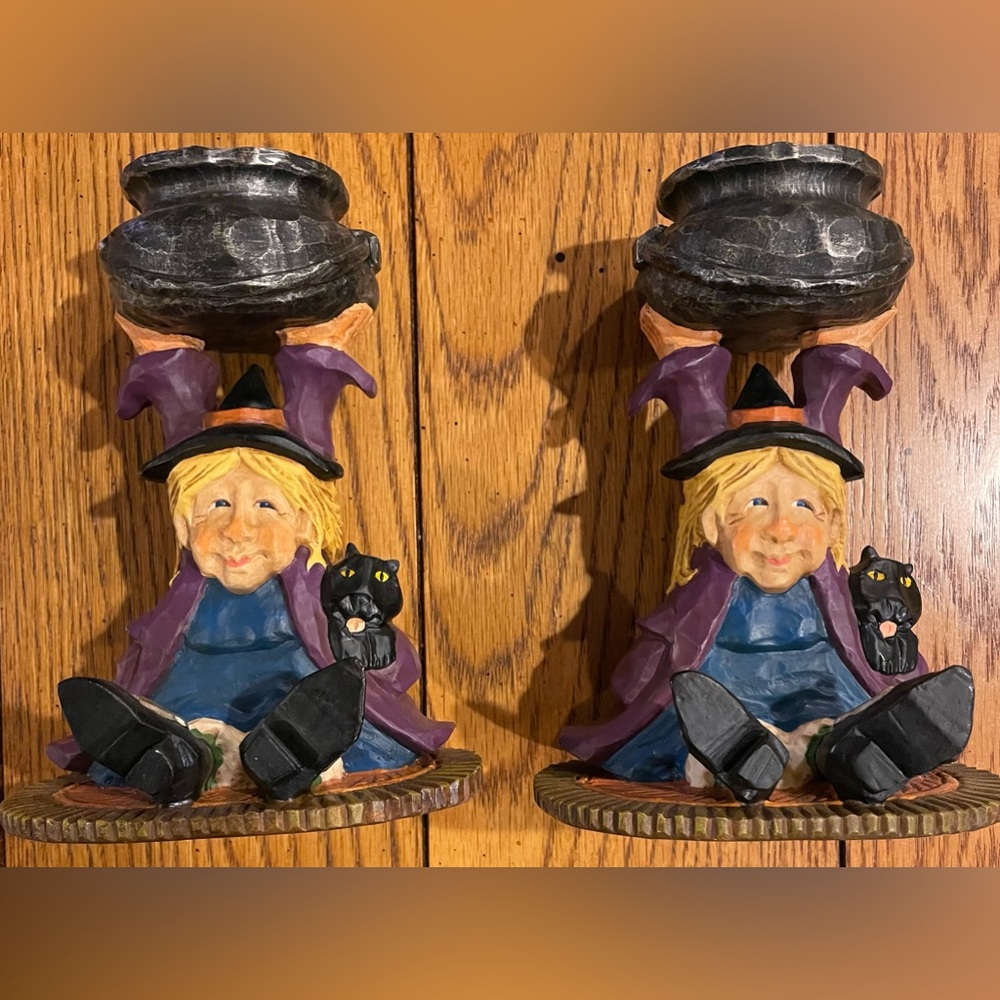 Vintage David Frykman Halloween Witch/cauldron pair of candlesticks